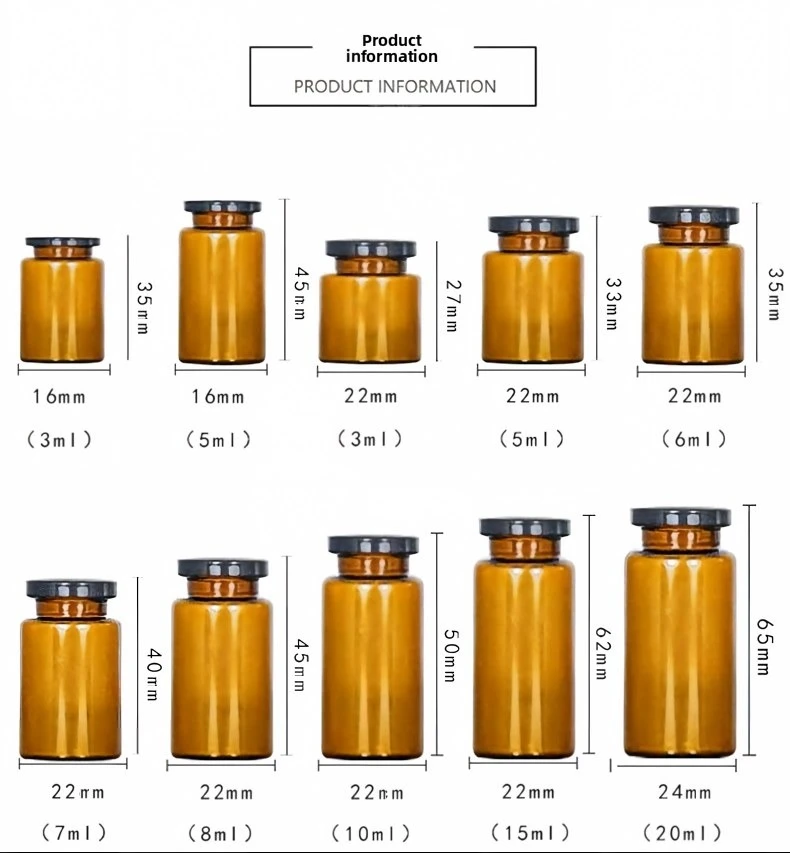 Amber vial size chart from 3ml to 20ml —3ml vial dimensions for Custom Peptide Protection Bottle Box